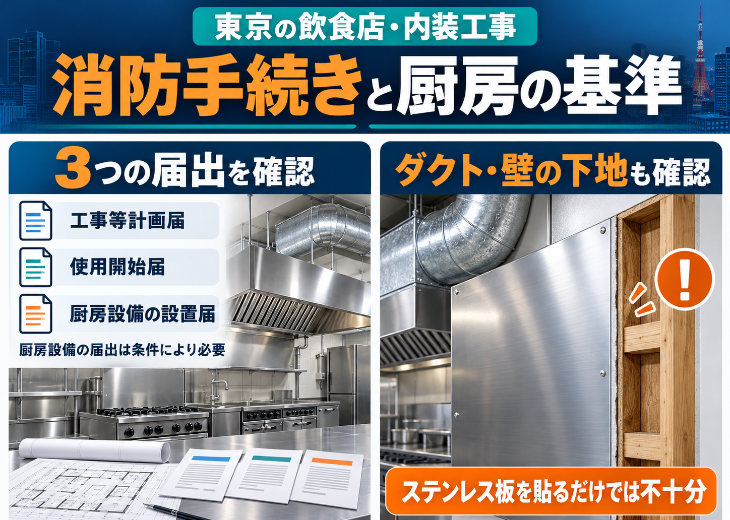 飲食店の内装工事に必要な消防手続き｜工事等計画届・使用開始届・厨房ダクト・壁の離隔距離を条文で解説【東京】