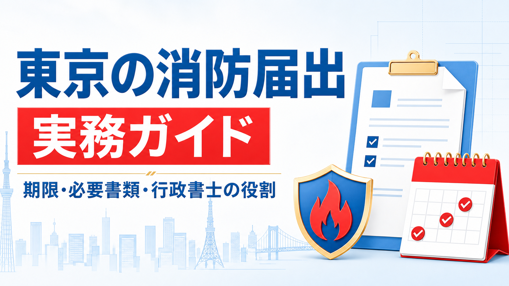 東京消防庁管内で必要になる消防届出の種類・期限・根拠法令を一覧表で整理し、消防法と政令・省令・火災予防条例の関係、行政書士法第19条による独占業務の範囲、消防設備士との役割分担までを実務目線でまとめた完全ガイドです。